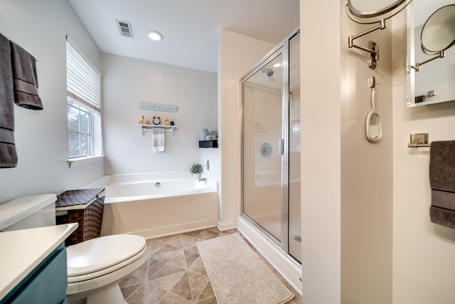 full bathroom with vanity, toilet, independent shower and bath, and tile patterned flooring