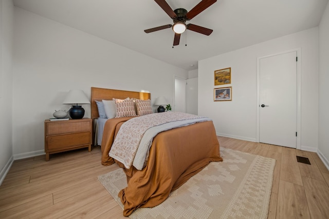 bedroom featuring ceiling fan and light wood-type flooring