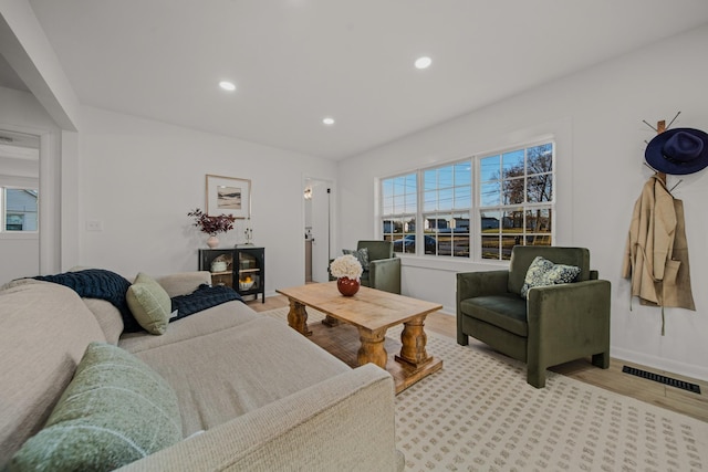 living room with a wealth of natural light and light hardwood / wood-style flooring