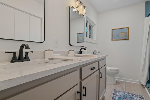 bathroom featuring vanity, toilet, and hardwood / wood-style floors