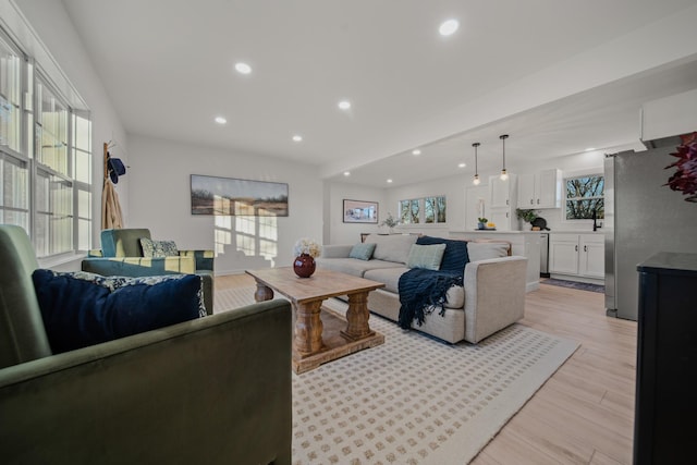 living room with a healthy amount of sunlight and light hardwood / wood-style floors