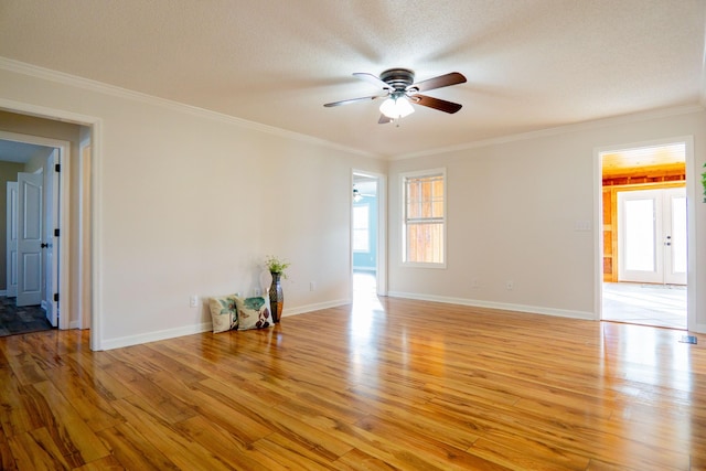 empty room featuring ornamental molding, a wealth of natural light, and light hardwood / wood-style floors