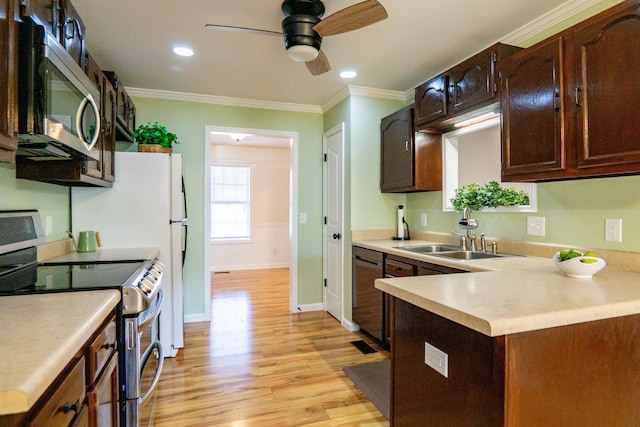 kitchen with appliances with stainless steel finishes, sink, dark brown cabinetry, crown molding, and light wood-type flooring