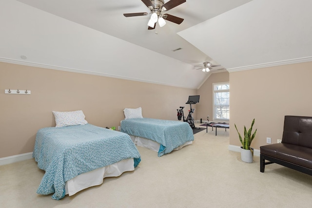 bedroom with lofted ceiling, carpet flooring, and ceiling fan