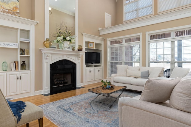 living room with ornamental molding, light hardwood / wood-style floors, and a high ceiling