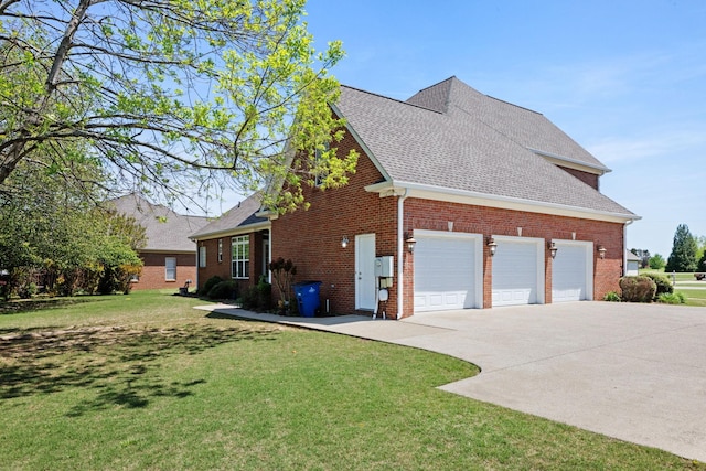 view of property exterior with a garage and a yard