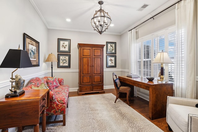 home office featuring crown molding, a chandelier, and dark hardwood / wood-style flooring