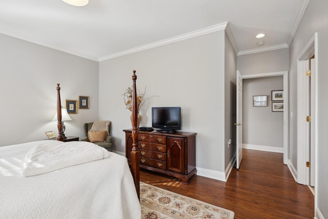 bedroom featuring dark hardwood / wood-style flooring and crown molding