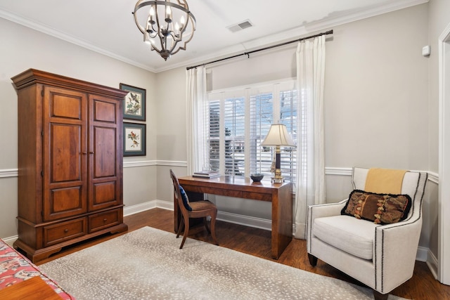 office area featuring ornamental molding, dark hardwood / wood-style floors, and a notable chandelier