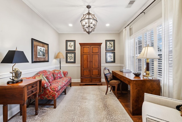 office area featuring hardwood / wood-style flooring, crown molding, and a notable chandelier