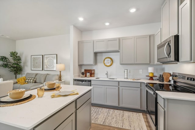 kitchen featuring stainless steel appliances, gray cabinets, sink, and light hardwood / wood-style flooring