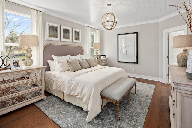 bedroom featuring dark hardwood / wood-style flooring, ornamental molding, wooden ceiling, and an inviting chandelier