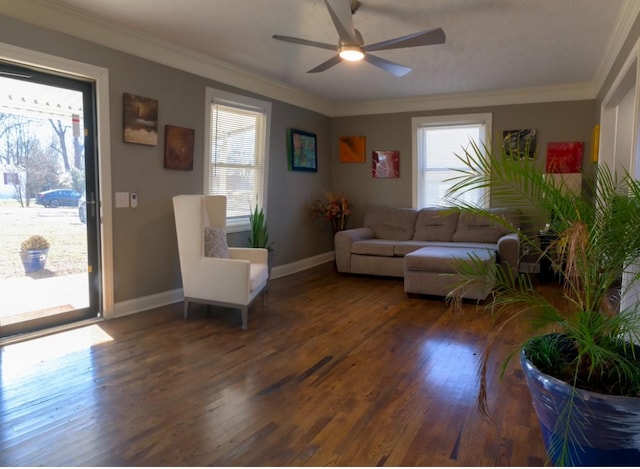 living room featuring dark wood-type flooring, ornamental molding, and a healthy amount of sunlight