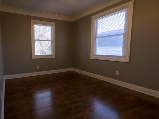 empty room featuring crown molding and dark hardwood / wood-style floors