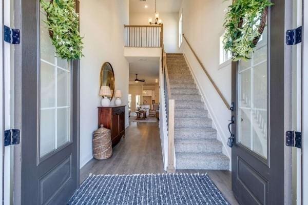 entrance foyer with a towering ceiling and dark hardwood / wood-style floors