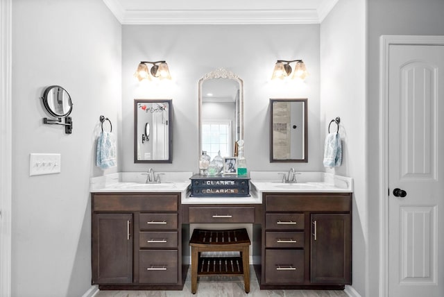 bathroom with crown molding and vanity