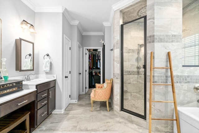 bathroom with vanity, crown molding, and shower with separate bathtub