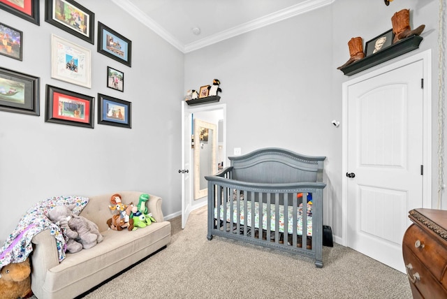 carpeted bedroom with crown molding