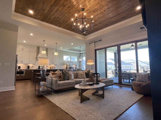 living room with dark hardwood / wood-style flooring, wood ceiling, and a tray ceiling