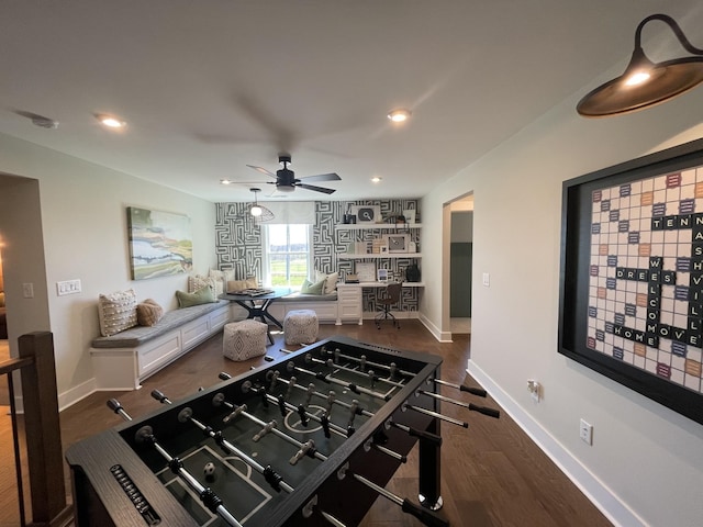 kitchen featuring white cabinetry, ceiling fan, and dark wood-type flooring