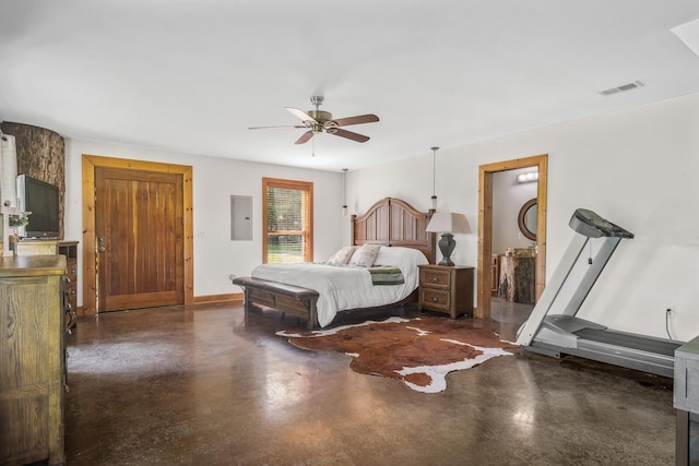 bedroom featuring electric panel and ceiling fan