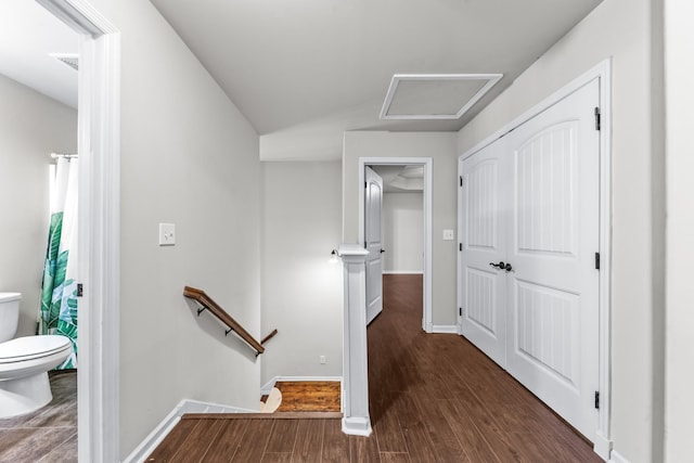 hallway with dark hardwood / wood-style flooring