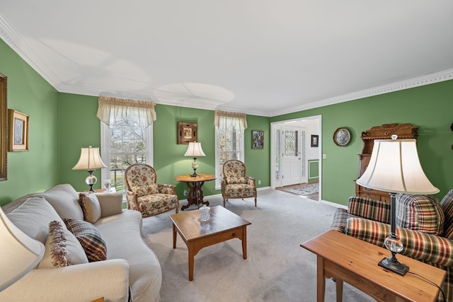 carpeted living room featuring crown molding