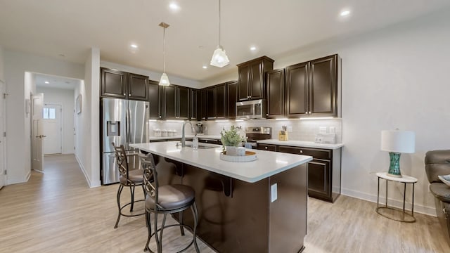 kitchen with sink, hanging light fixtures, stainless steel appliances, a kitchen island with sink, and backsplash