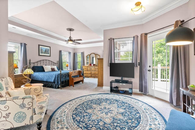 carpeted bedroom with crown molding and access to outside