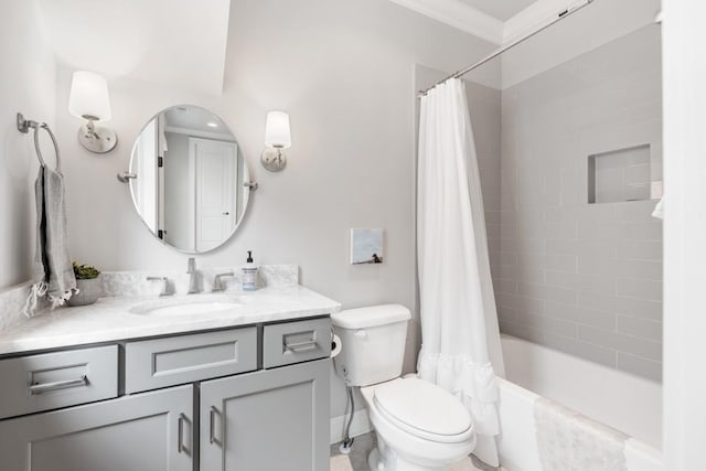 full bathroom featuring vanity, crown molding, toilet, and shower / bathtub combination with curtain