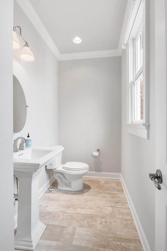 bathroom with crown molding and toilet