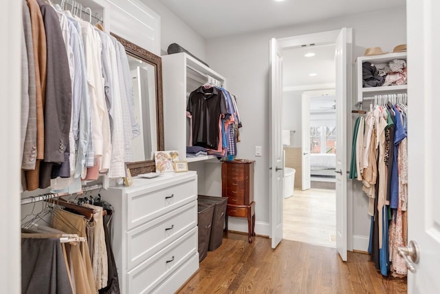 spacious closet featuring light hardwood / wood-style floors