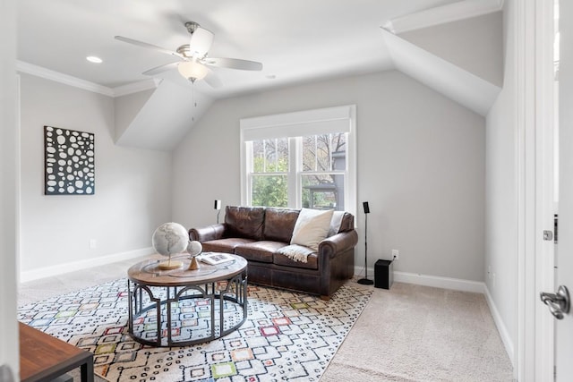 living room with vaulted ceiling, carpet floors, and ceiling fan