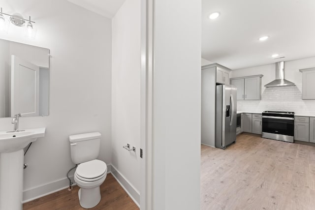 bathroom featuring tasteful backsplash, wood-type flooring, toilet, and sink