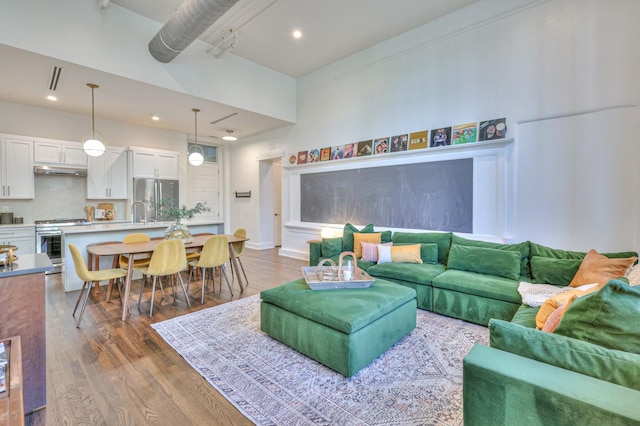 living room with dark hardwood / wood-style floors