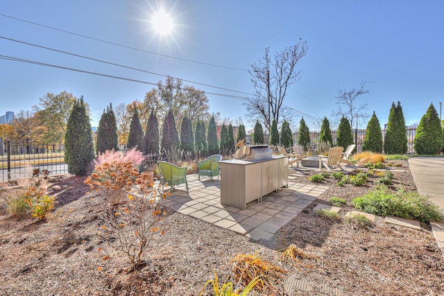 view of yard featuring area for grilling, a patio area, and an outdoor fire pit