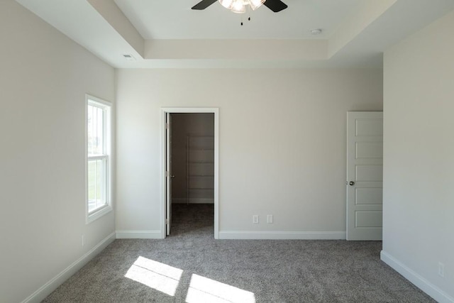 unfurnished bedroom featuring a walk in closet, light colored carpet, ceiling fan, and a tray ceiling