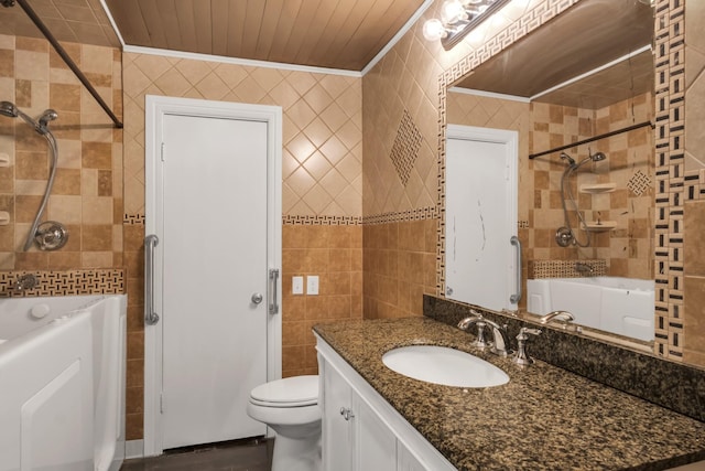 full bathroom with ornamental molding, vanity,  shower combination, and tile walls