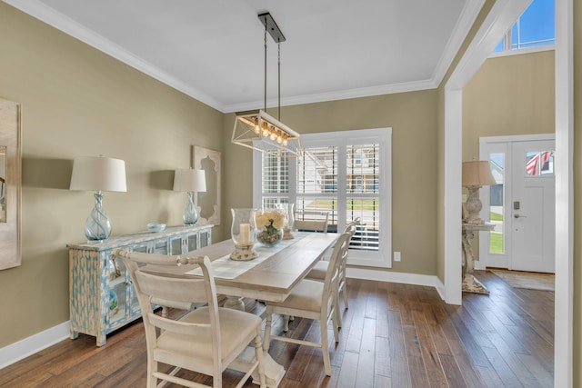 dining room with crown molding and dark hardwood / wood-style floors