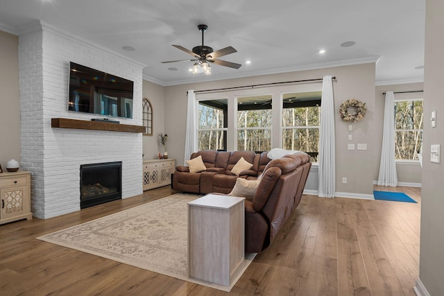 living room with hardwood / wood-style flooring, a fireplace, crown molding, and a wealth of natural light