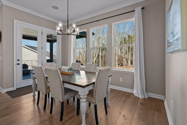 dining room featuring crown molding, wood-type flooring, and a wealth of natural light