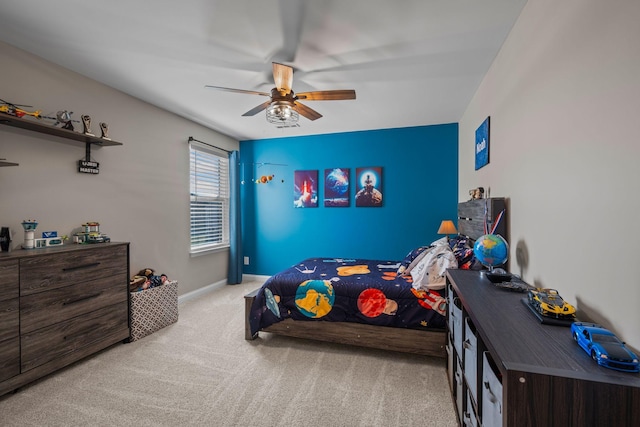 carpeted bedroom with ceiling fan