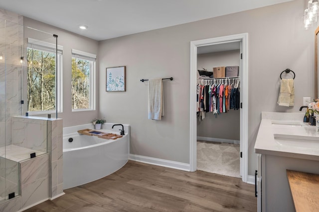 bathroom featuring vanity, hardwood / wood-style flooring, and independent shower and bath