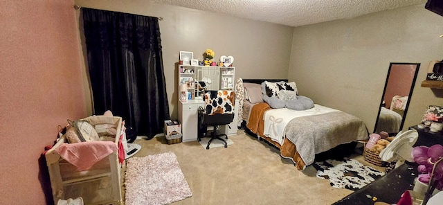 carpeted bedroom with a textured ceiling