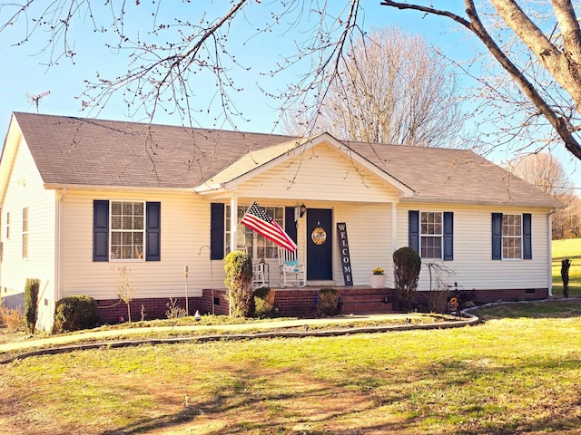 single story home with a front yard, a porch, roof with shingles, and crawl space