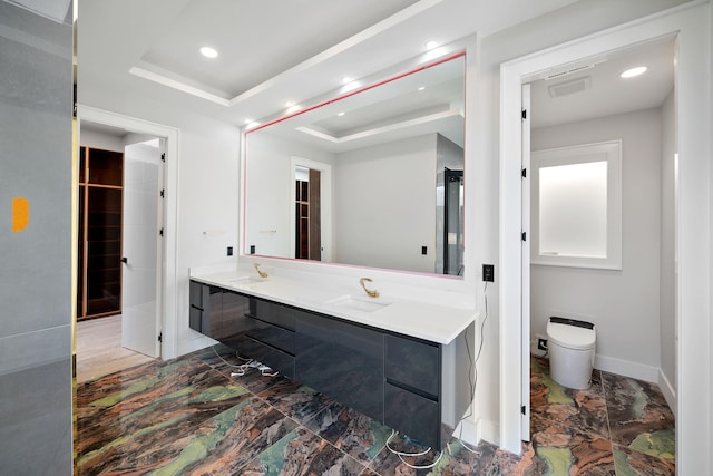 bathroom featuring vanity, a raised ceiling, and toilet