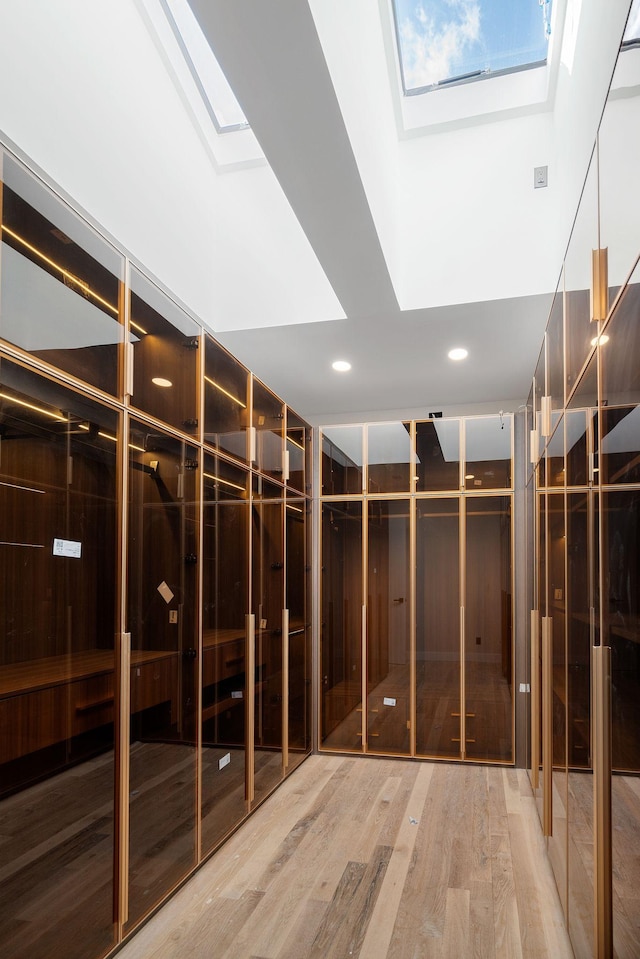 interior space with hardwood / wood-style flooring and a skylight