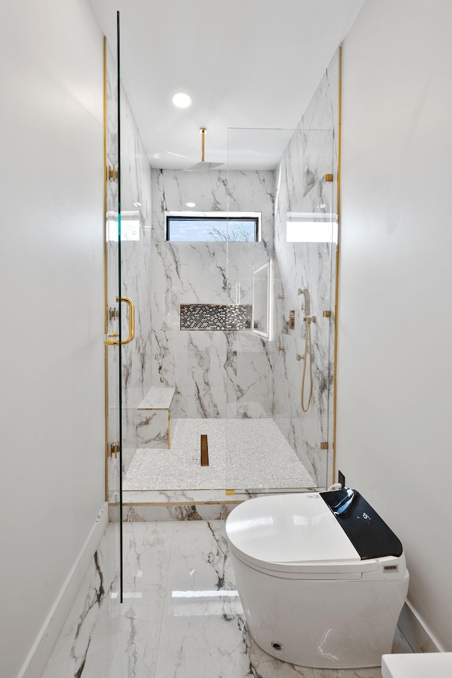 bathroom featuring toilet and a shower with shower door