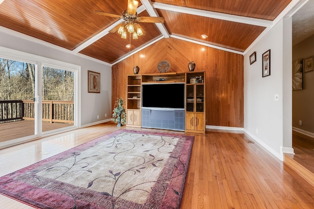 unfurnished living room featuring lofted ceiling with beams, wooden walls, light hardwood / wood-style floors, and wooden ceiling