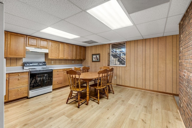 interior space featuring light hardwood / wood-style flooring, wooden walls, brick wall, and a paneled ceiling